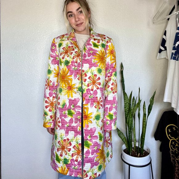 Vintage 90's Pink Yellow Retro Floral Puffer Quilt Jacket Adult Large - Picture 2 of 4